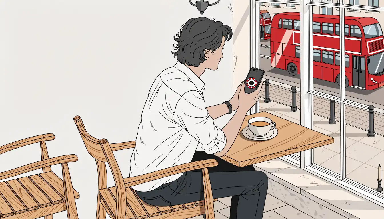 Young adult with smartphone at London café, free spins theme