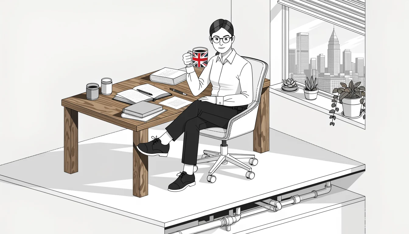 British reviewer at desk with coffee and Union Jack