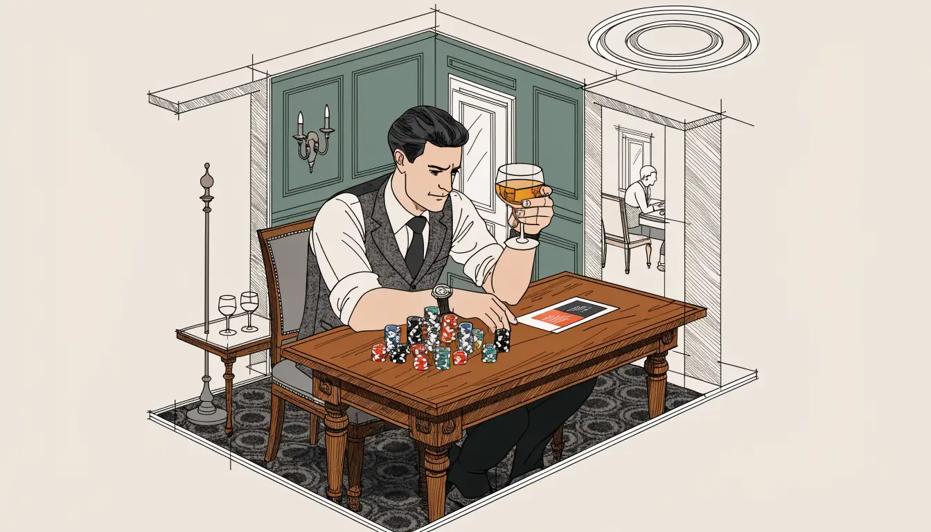 British gambler in a London casino lounge with chips and voucher.