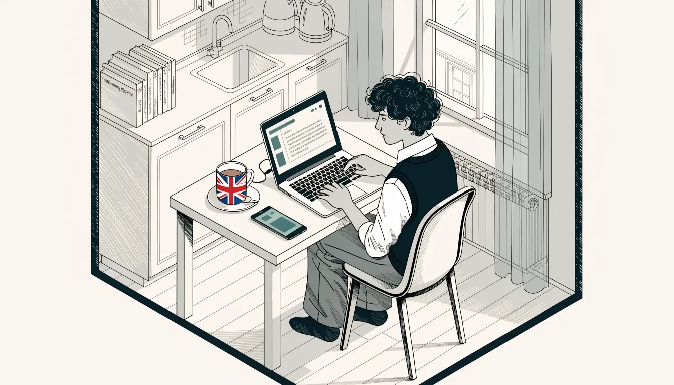 Teen using laptop for casino payment with tea and UK decor