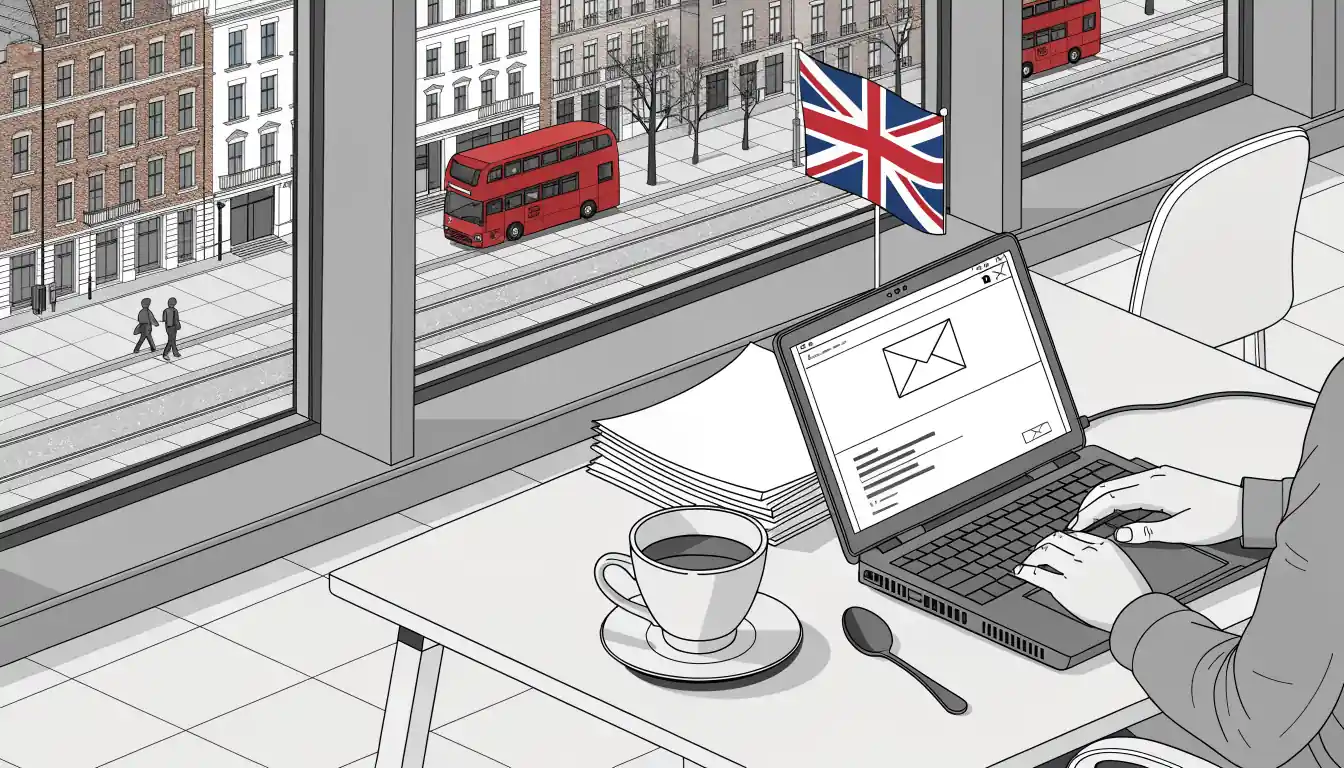 London office desk with laptop, tea, and Union Jack flag