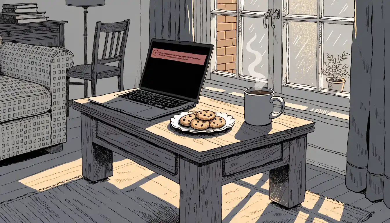 British living room with cookies, tea, and laptop consent banner