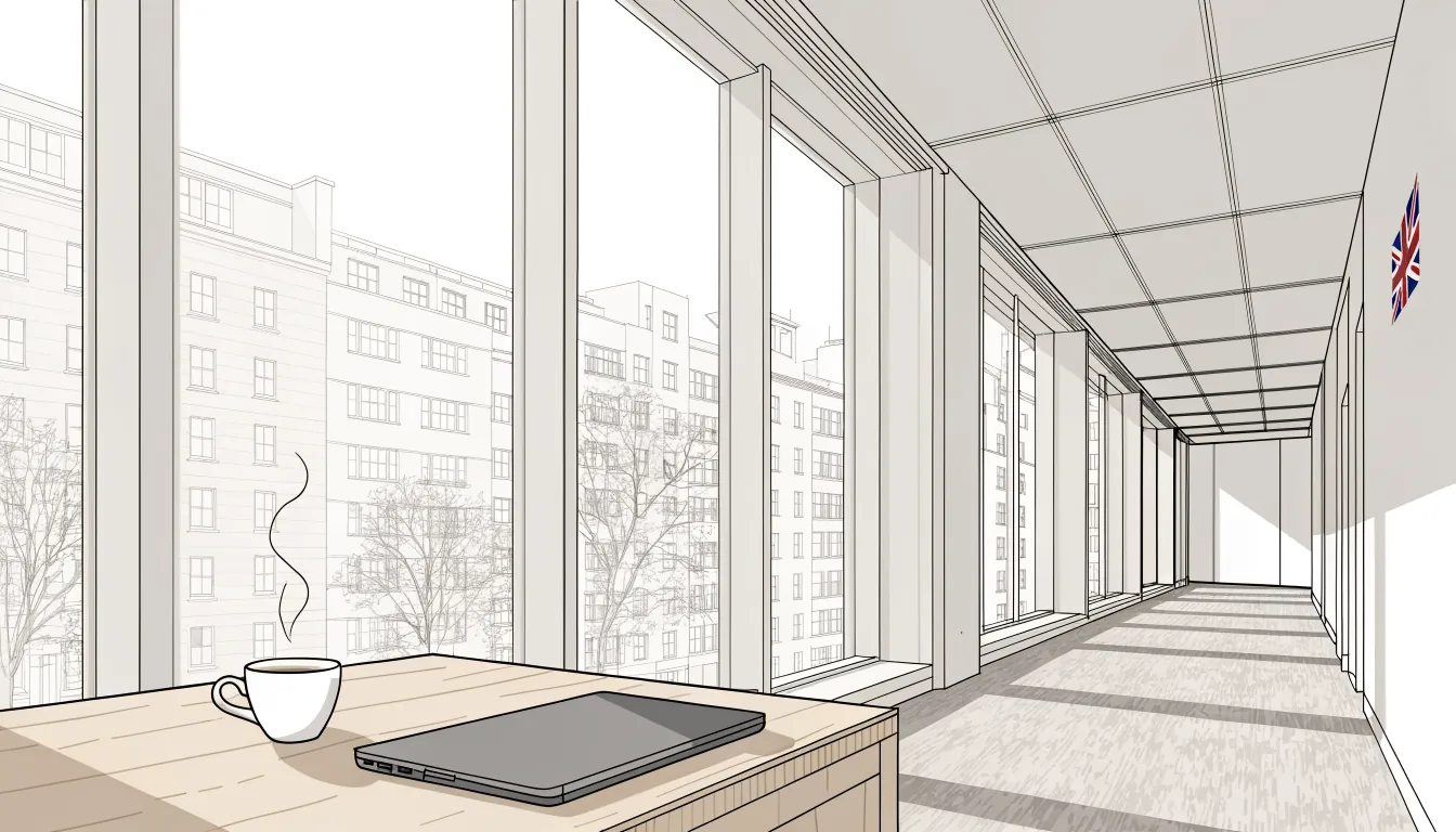 London office scene with tea and laptop