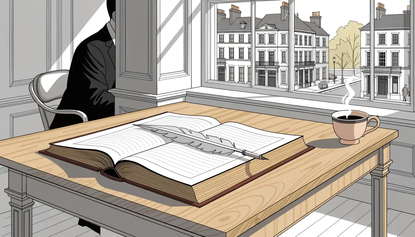 British office with law book and tea on desk