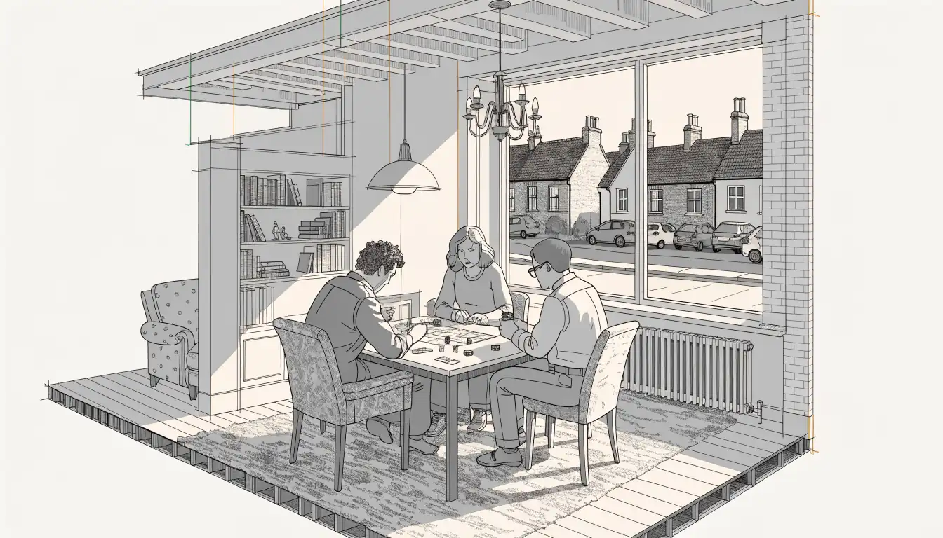 British family with board game and chips in living room