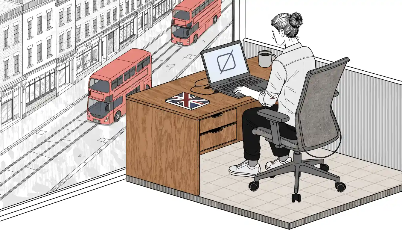 Office worker reviewing privacy policy on laptop with UK backdrop