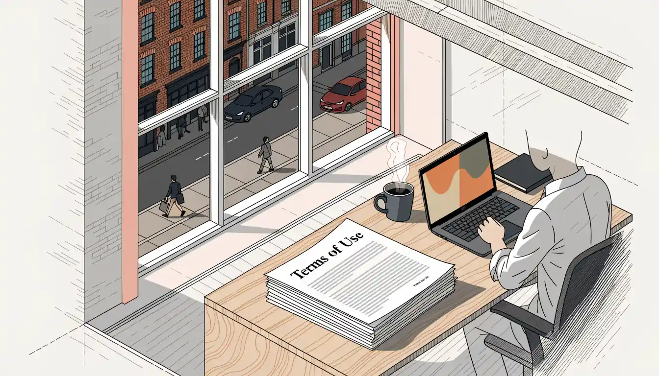 UK office with terms of use documents and laptop